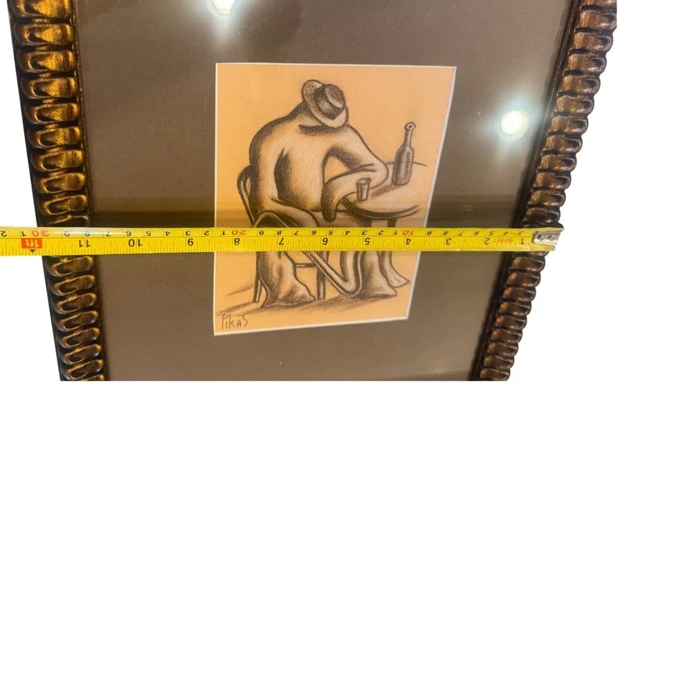 Alex Pikas Cubist Style Signed Original Drawing Framed Cafe Figure Art‎ UV Glass